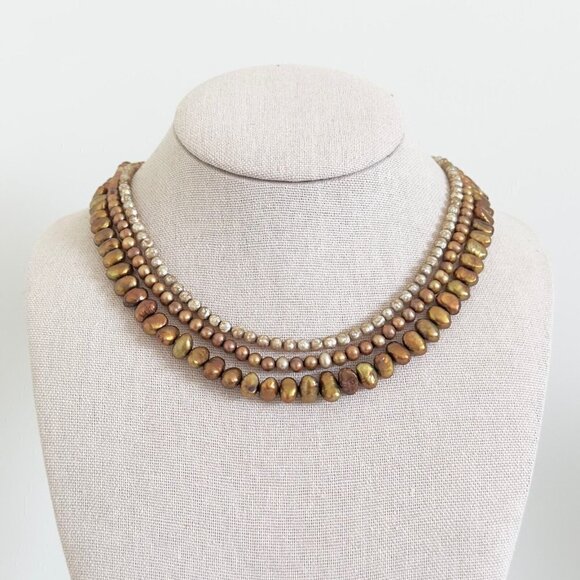 Vintage 14K Yellow Gold Triple Strand Genuine Brown Pearl Round Baroque Necklace - Picture 4 of 10
